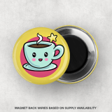 Adorable yellow 1.5" round button magnet with a cute cartoon cup of coffee