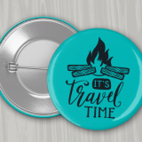 Robins Egg blue 1.75" round pin back button with black 'It's Travel Time' logo
