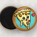 Round Button Magnet with a cute illustration of a slice of pizza on it