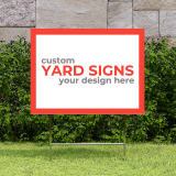 White yard Sign with Orange and Gray text
